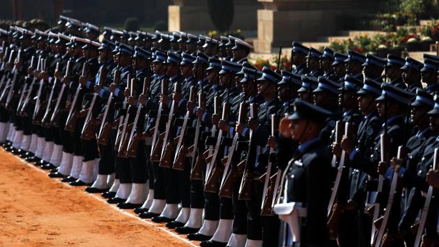 Indian military soldiers present a guard of honor for Brazilian president Jair Bolsonaro during his ceremonial reception in New Delhi, India, Saturday, Jan. 25, 2020. Bolsonaro is this year's chief guest for India's Republic day parade. (AP Photo/Manish Swarup) (AP) 