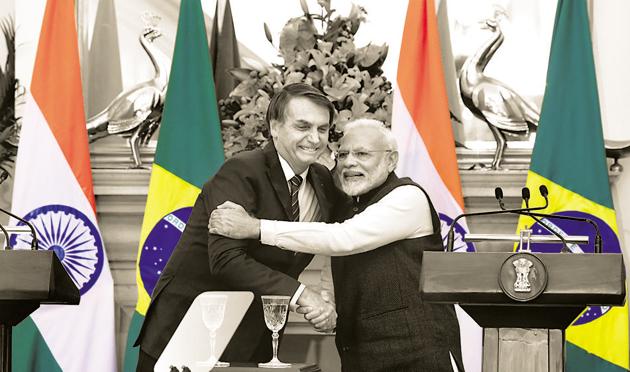 Prime Minister Narendra Modi with Brazil's President, Jair Messias Bolsonaro, at the Hyderabad House, New Delhi, January 25(Mohd Zakir/HT PHOTO)