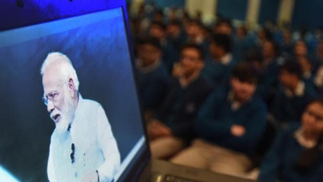 Students of Ahlcon International School during Prime Minister Narendra Modi’s interactive session ‘Pariksha Pe Charcha 2020’ in New Delhi. (Raj K Raj / HT Photo) 