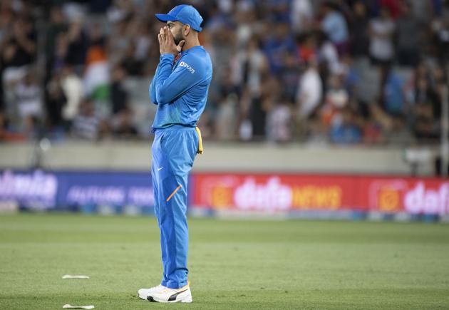 Indian captain Virat Kohli reacts after dropping a catch during the Twenty/20 cricket international between India and New Zealand in Auckland, New Zealand, Sunday, Jan. 26, 2020. (Peter Meecham/Photosport via AP) (AP) Indian captain Virat Kohli reacts after dropping a catch during the Twenty/20 cricket international between India and New Zealand in Auckland, New Zealand, Sunday, Jan. 26, 2020. (Peter Meecham/Photosport via AP) (AP)