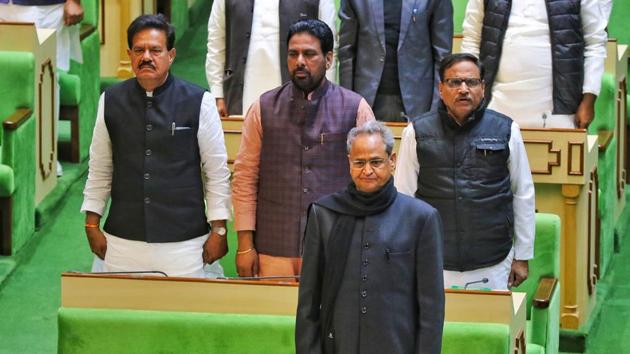 Rajasthan Chief Minister Ashok Gehlot during the ongoing session of Rajasthan Assembly, in Jaipur on Friday.(Photo: PTI) Rajasthan Chief Minister Ashok Gehlot during the ongoing session of Rajasthan Assembly, in Jaipur on Friday.(Photo: PTI)