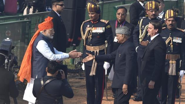 Brazilian President Jair Bolsonaro was in attendance as the guest of honour with President Ram Nath Kovind, vice-president M Venkaiah Naidu, Prime Minister Narendra Modi and defence minister Rajnath Singh among others watching the parade and tableaux. (Arvind Yadav / HT Photo)