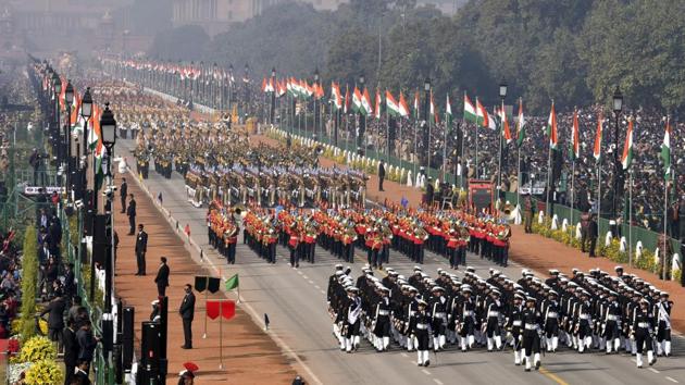 Contingents during the Republic Day parade. The parade was commanded by Lt General Asit Mistry, General Officer Commanding, Delhi Area. The first contingent in the uniform of the erstwhile Gwalior Lancers was 61 Cavalry – the only active serving horse cavalry regiment in the world. (Sonu Mehta / HT Photo)