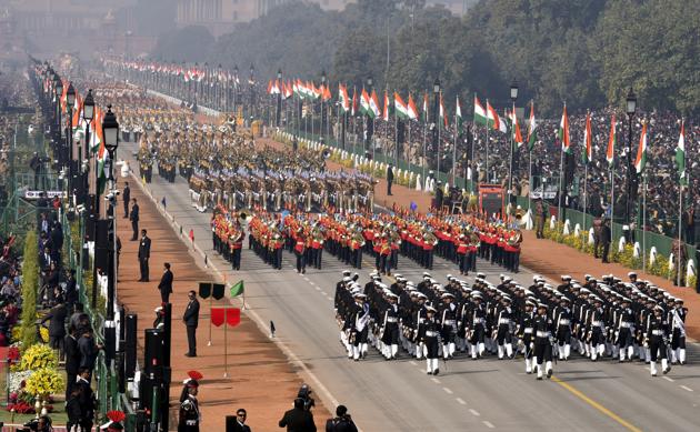Naval Marching contingent, followed by other contingents during the Republic Day parade, at Rajpath, in New Delhi, on Sunday, January 26, 2020.(Sonu Mehta/HT PHOTO)
