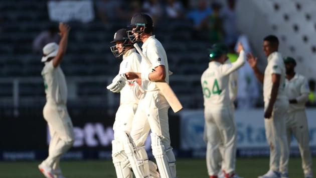 England's Joe Root and Stuart Broad walk off the pitch at stumps. (REUTERS) England's Joe Root and Stuart Broad walk off the pitch at stumps. (REUTERS)