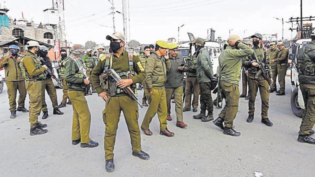 Srinagar, India – November 04, 2019: Police and security forces near the site of a grenade blast at Hari Singh High Street in Srinagar, Jammu and Kashmir, India, on Monday, November 04, 2019. (Photo by/ Hindustan Times)(Waseem Andrabi/HT File Photo) Srinagar, India – November 04, 2019: Police and security forces near the site of a grenade blast at Hari Singh High Street in Srinagar, Jammu and Kashmir, India, on Monday, November 04, 2019. (Photo by/ Hindustan Times)(Waseem Andrabi/HT File Photo)