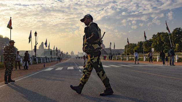 New Delhi: Security forces personnel stand guard at the Rajpath. India is celebrating its 71st Republic Day this year, with sixteen states and Union Territories and six Central Ministries will be participating in the mega event at the Rajpath. The day is celebrated to honour the Constitution of India.(PTI Photo/Atul Yadav) (PTI1_25_2020_000164A) (PTI)