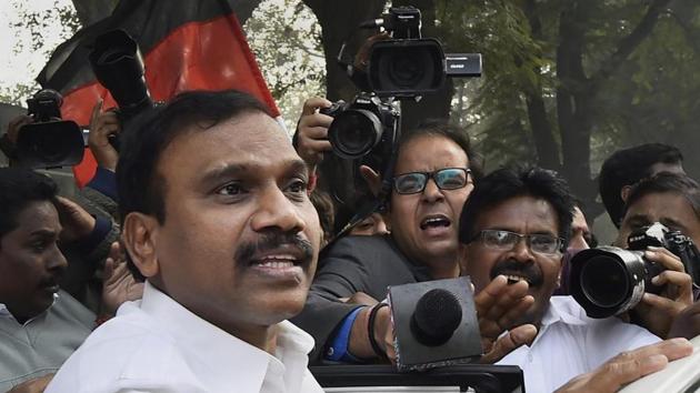 In this file picture from 2017, former telecom minister A Raja reacts after he was acquitted by a special court in the 2G scam case, in New Delhi.(PTI Photo) In this file picture from 2017, former telecom minister A Raja reacts after he was acquitted by a special court in the 2G scam case, in New Delhi.(PTI Photo)