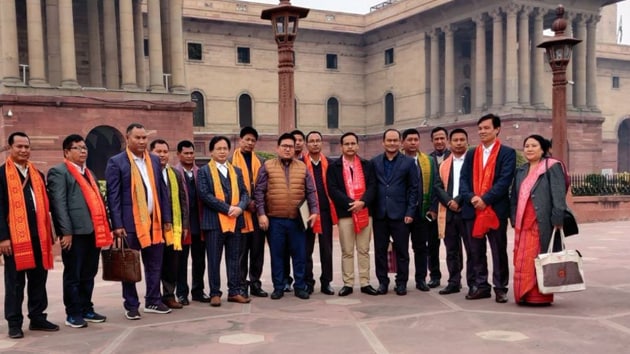 Representatives of all factions of National Democratic Front of Bodoland (NDFB) outside the Ministry of Home Affairs (MHA) to sign a tripartite agreement with the Centre, Jan 27, 2020.(ANI / Twitter)