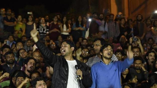 Former JNU students’ union president Kanhaiya Kumar addressing a gathering of students in this file photo.(HT Photo)