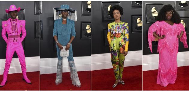 This combination of photos shows fashion worn by Lil Nas X, from left, Billy Porter, Esperanza Spalding and Yola at the 62nd annual Grammy Awards at the Staples Center on Sunday, Jan. 26, 2020, in Los Angeles. (Photos by Jordan Strauss/Invision/AP) (Jordan Strauss/Invision/AP)