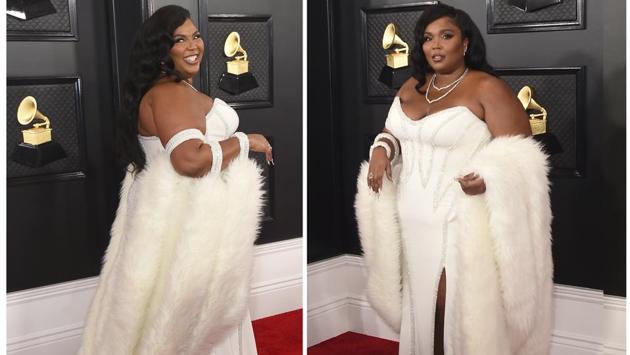 This combination of photos shows fashion worn by nominee Lizzo at the 62nd annual Grammy Awards at the Staples Center on Sunday, Jan. 26, 2020, in Los Angeles. (Photos by Jordan Strauss/Invision/AP) (Jordan Strauss/Invision/AP)