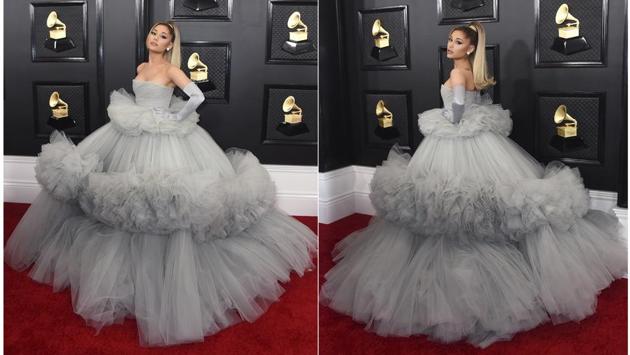 This combination of photos shows fashion worn by nominee Ariana Grande at the 62nd annual Grammy Awards at the Staples Center on Sunday, Jan. 26, 2020, in Los Angeles. (Photos by Jordan Strauss/Invision/AP) (Jordan Strauss/Invision/AP)