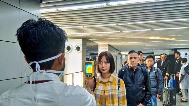 A thermal screeening device checks passengers arriving in India from China including Hong Kong in view of outbreak of Novel coronavirus (CoV) in China at an airport in Kolkata on January 21.(PTI file photo) A thermal screeening device checks passengers arriving in India from China including Hong Kong in view of outbreak of Novel coronavirus (CoV) in China at an airport in Kolkata on January 21.(PTI file photo)