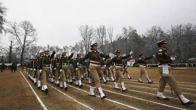 Female police personnel march past during 71th Republic Day celebrations in Srinagar, Jammu and Kashmir on Sunday, January 26, 2020.(Photo by Waseem Andrabi / Hindustan Times)