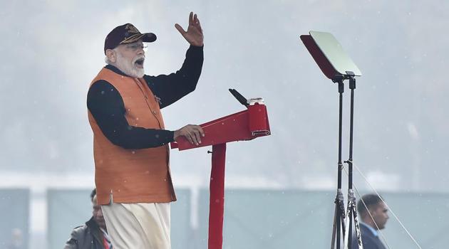 Prime Minister Narendra Modi addresses the audience during the Annual National Cadet Corps (NCC) Rally 2020, at Cariappa Parade Ground, in New Delhi.(Ajay Aggarwal/HT PHOTO) Prime Minister Narendra Modi addresses the audience during the Annual National Cadet Corps (NCC) Rally 2020, at Cariappa Parade Ground, in New Delhi.(Ajay Aggarwal/HT PHOTO)