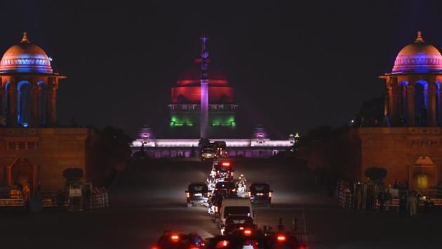 Rashtrapati Bhavan is illuminated during full dress rehearsals for the Beating Retreat ceremony, at Vijay Chowk. Written by Scottish Anglican Henry Francis Lyte and it was the only western tune played at the event last year. The hymn will be the finale piece in the iconic ceremony at Vijay Chowk on January 29. (Burhaan Kinu / HT Photo) Rashtrapati Bhavan is illuminated during full dress rehearsals for the Beating Retreat ceremony, at Vijay Chowk. Written by Scottish Anglican Henry Francis Lyte and it was the only western tune played at the event last year. The hymn will be the finale piece in the iconic ceremony at Vijay Chowk on January 29. (Burhaan Kinu / HT Photo)