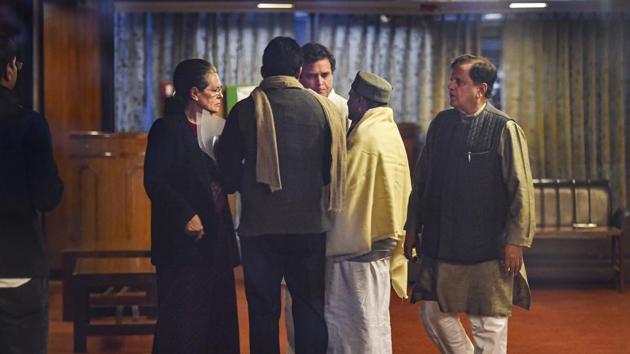 New Delhi: Congress interim President Sonia Gandhi with party leaders Rahul Gandhi, AK Anthony, Ahmed Patel and others after an Opposition leaders meeting.(PTI)