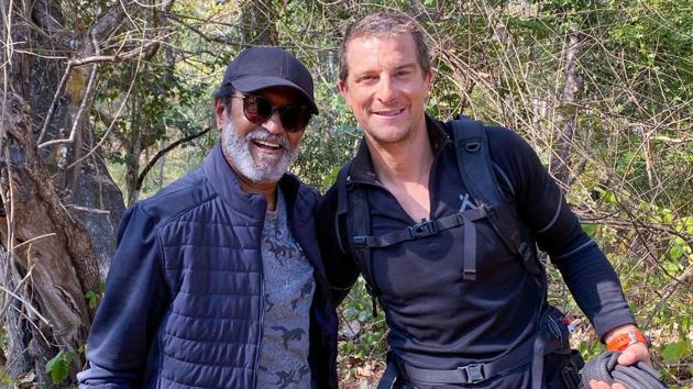 Rajinikanth and Bear Grylls pose together for camera.(Twitter)