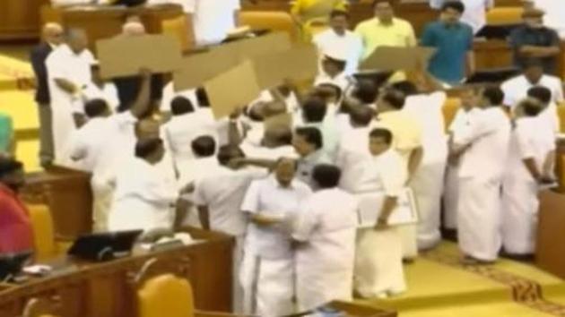 Governor Arif Mohammed Khan blocked by Congress-led opposition in Kerala Assembly.(@BJP4Keralam/Twitter)