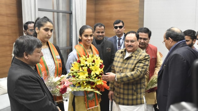 Badminton star and ace shuttler Saina Nehwal joined the Bharatiya Janata Party (BJP) on Wednesday.(HT Photo/Sonu Mehta) Badminton star and ace shuttler Saina Nehwal joined the Bharatiya Janata Party (BJP) on Wednesday.(HT Photo/Sonu Mehta)