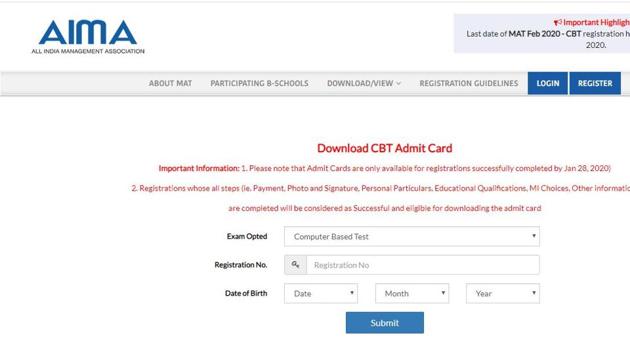 AIMA MAT CBT admit card 2020. (Screengrab) AIMA MAT CBT admit card 2020. (Screengrab)