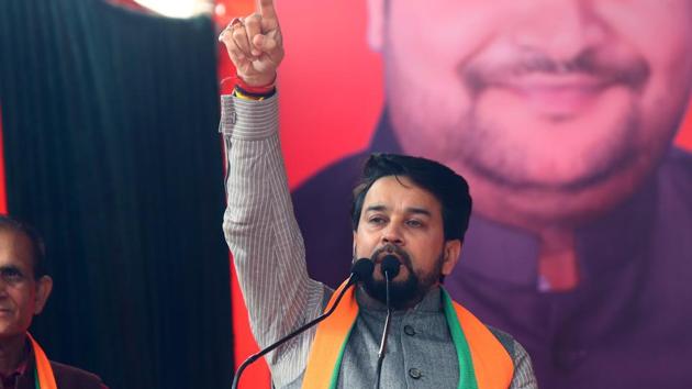 Minister of State for Finance and Corporate Affairs Anurag Thakur during an election campaign ahead of the forthcoming Delhi Assembly elections, at Rithala, in New Delhi on January 27, 2020.(HT Photo) Minister of State for Finance and Corporate Affairs Anurag Thakur during an election campaign ahead of the forthcoming Delhi Assembly elections, at Rithala, in New Delhi on January 27, 2020.(HT Photo)