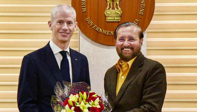 French Minister for Culture Franck Riester with Union Minister Prakash Javadekar in New Delhi on Tuesday.(PTI Photo) French Minister for Culture Franck Riester with Union Minister Prakash Javadekar in New Delhi on Tuesday.(PTI Photo)