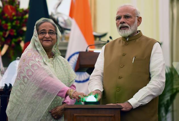 Prime Minister Narendra Modi and Bangladesh Prime Minister Sheikh Hasina jointly inaugurate three Bilateral Projects, at Hyderabad House in New Delhi in October 2019.(Mohd Zakir/HT file photo)