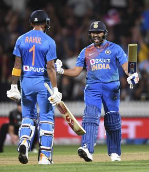 India's Rohit Sharma celebrates with KL Rahul, left, after hitting the winning runs in the super over to win the Twenty/20 cricket international between India and New Zealand in Hamilton (AP) India's Rohit Sharma celebrates with KL Rahul, left, after hitting the winning runs in the super over to win the Twenty/20 cricket international between India and New Zealand in Hamilton (AP)