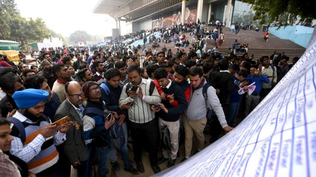 Candidates look at postings at a job fair in New Delhi. “I am constantly sending my resume hoping to get an interview call but companies barely respond. The situation is depressing,” he said. The 27-year-old told AFP he now relies on his father’s savings and pensions to keep their household running. (Amal KS / HT Photo) Candidates look at postings at a job fair in New Delhi. “I am constantly sending my resume hoping to get an interview call but companies barely respond. The situation is depressing,” he said. The 27-year-old told AFP he now relies on his father’s savings and pensions to keep their household running. (Amal KS / HT Photo)