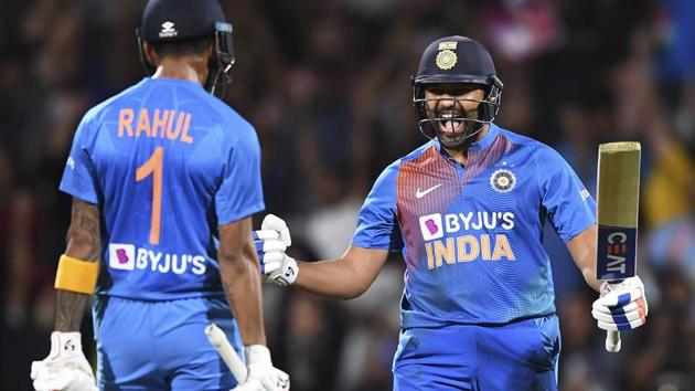 India's Rohit Sharma celebrates with KL Rahul(AP)