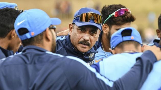 File image: India coach Ravi Shastri, center, talks to the players(AP)