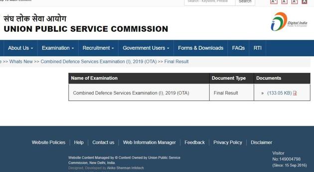 UPSC CDS 1 2019 final results. (Screengrab) UPSC CDS 1 2019 final results. (Screengrab)