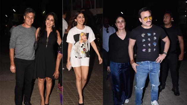 Pooja Bedi with boyfriend Maneck Contractor , Alaya F, Kareena Kapoor with Saif Ali Khan at Jawaani Jaaneman screening in Mumbai on Wednesday.(Varinder Chawla)