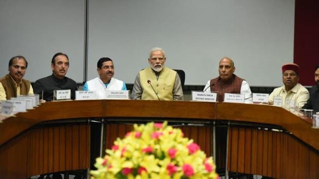 Prime minister Narendra Modi with all party leaders during meeting called by Parliamentary Affairs Minister Pralhad Joshi ahead of Budget session which begins at Parliament Library Building in New Delhi(S Mehta/HT photos) Prime minister Narendra Modi with all party leaders during meeting called by Parliamentary Affairs Minister Pralhad Joshi ahead of Budget session which begins at Parliament Library Building in New Delhi(S Mehta/HT photos)