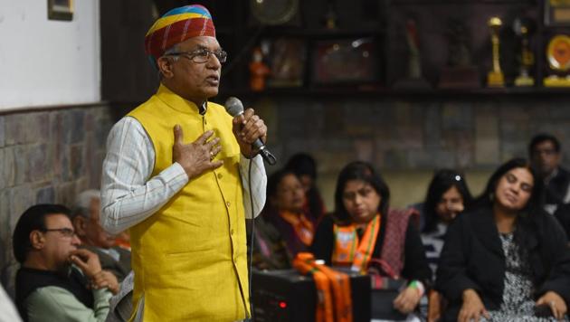 Narayan Lal Panchariya addressing a Nukkad Sabha as part of BJP Rajouri Garden candidate Ramesh Khanna’s election campaign.(Sanchit Khanna/HT PHOTO) Narayan Lal Panchariya addressing a Nukkad Sabha as part of BJP Rajouri Garden candidate Ramesh Khanna’s election campaign.(Sanchit Khanna/HT PHOTO)