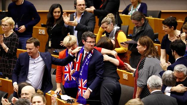 Britain's EU Parliament members react after a vote on the Withdrawal Agreement at the European Parliament in Brussels, Belgium(REUTERS)