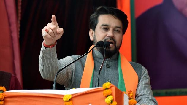 Union Minister of State for Finance, Anurag Singh Thakur during an election campaign ahead of the forthcoming Delhi Assembly elections, at Rithala constituency in New Delhi on Monday.(ANI File Photo) Union Minister of State for Finance, Anurag Singh Thakur during an election campaign ahead of the forthcoming Delhi Assembly elections, at Rithala constituency in New Delhi on Monday.(ANI File Photo)