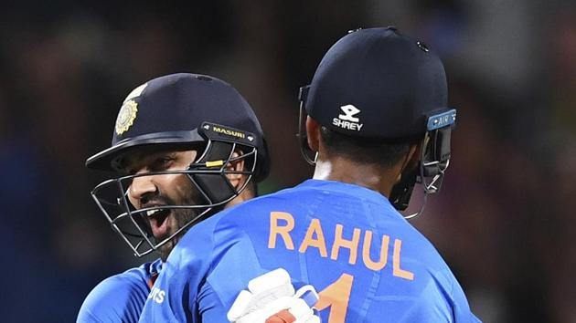 India's Rohit Sharma celebrates with KL Rahul after hitting the winning runs in the super over. (AP)