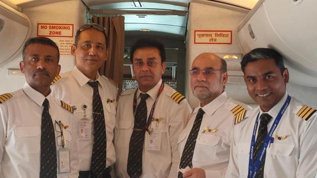 The cockpit crew of the special Air India aircraft that has been sent to evacuate Indians from the Cornonavirus-hit Wuhan city in central China on Friday.(PHOTO:SOURCED.)