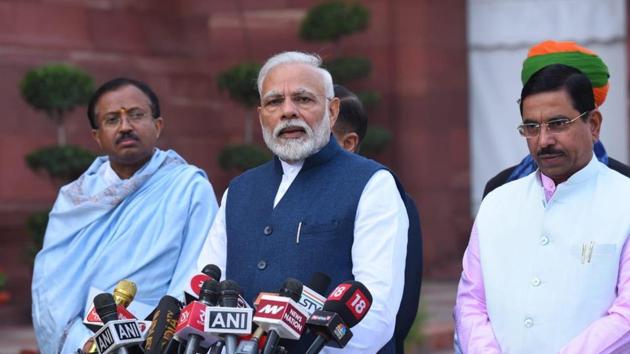 Prime Minister Narendra Modi speaking before entering Parliament as Budget Session begins on Friday.(Mohd Zakir/HT Photo) Prime Minister Narendra Modi speaking before entering Parliament as Budget Session begins on Friday.(Mohd Zakir/HT Photo)