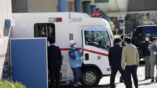 An ambulance carrying a Japanese national who evacuated from Wuhan by a chartered plane, arrives at a hospital in Tokyo, Japan.(Reuters image)