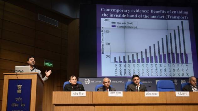 Chief Economic Advisor KV Subramanian addresses the media during a press conference on Economic Survey 2019 - 2020 at Media Centre, in New Delhi.(Vipin Kumar /HT PHOTO) Chief Economic Advisor KV Subramanian addresses the media during a press conference on Economic Survey 2019 - 2020 at Media Centre, in New Delhi.(Vipin Kumar /HT PHOTO)