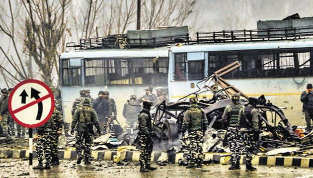 Security personnel carry out the rescue and relief works at the site of suicide bomb attack at Lathepora Awantipora in Pulwama district of south Kashmir, Thursday, February 14, 2019.(PTI file photo) Security personnel carry out the rescue and relief works at the site of suicide bomb attack at Lathepora Awantipora in Pulwama district of south Kashmir, Thursday, February 14, 2019.(PTI file photo)
