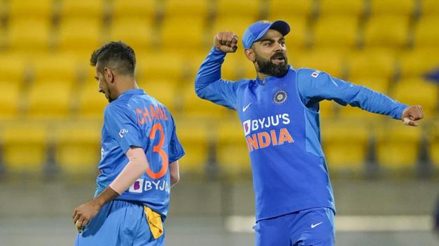 Virat Kohli during the Twenty/20 cricket international between India and New Zealand in Wellington, New Zealand, Friday, Jan. 31, 2020. (John Cowlpland/Photosport via AP)(AP)