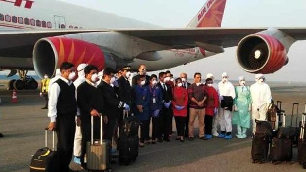 The first Air India flight with Indians rescued from Wuhan landed at Delhi airport early on Saturday.(HT Photo/Sourced)