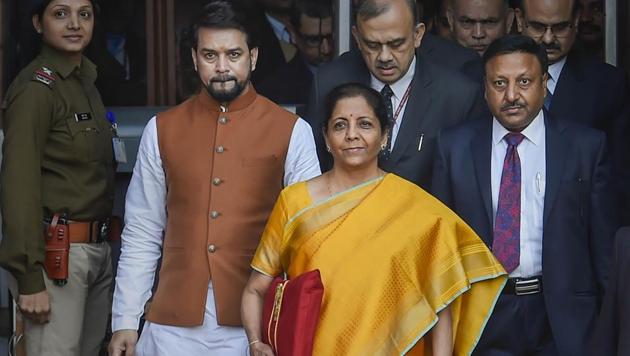 Finance Minister Nirmala Sitharaman arrives to presents the Union Budget 2020-21 in the Lok Sabha on Saturday.(PTI)