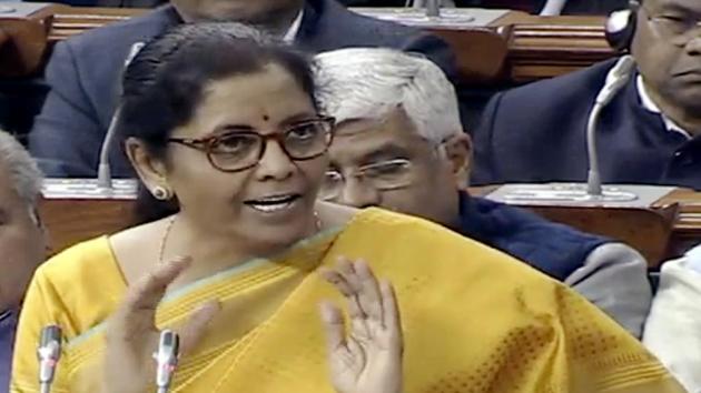 Finance Minister Nirmala Sitharaman presents the Union Budget 2020-21 at the Parliament, in New Delhi on Saturday.(ANI)