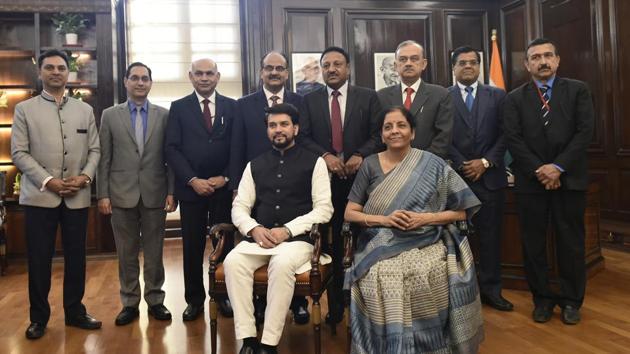 Finance Minister Nirmala Sitharaman with MoS Finance Anurag Thakur during a photo up ahead of the Union Budget 2019 - 2020 at South Block, in New Delhi, India, on Friday, January 31, 2020.(Vipin Kumar /HT PHOTO)